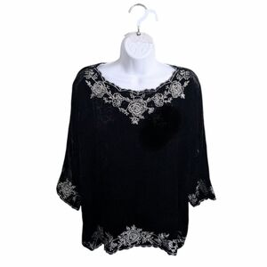 Mes Demoiselles Top Matter Black Velvet Embroidered Blouse Silk 3/4 Sleeve 6